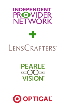 eyemed provider logos: Independent Provider Network + LensCrafters, Pearle Vision , and Target Optical